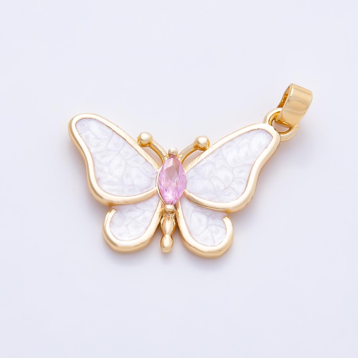 16K Gold Filled 17.5mm White, Blue Glitter Enamel Marquise CZ Butterfly Pendant DIY Jewelry Making Findings custom Necklace | Charms-01259