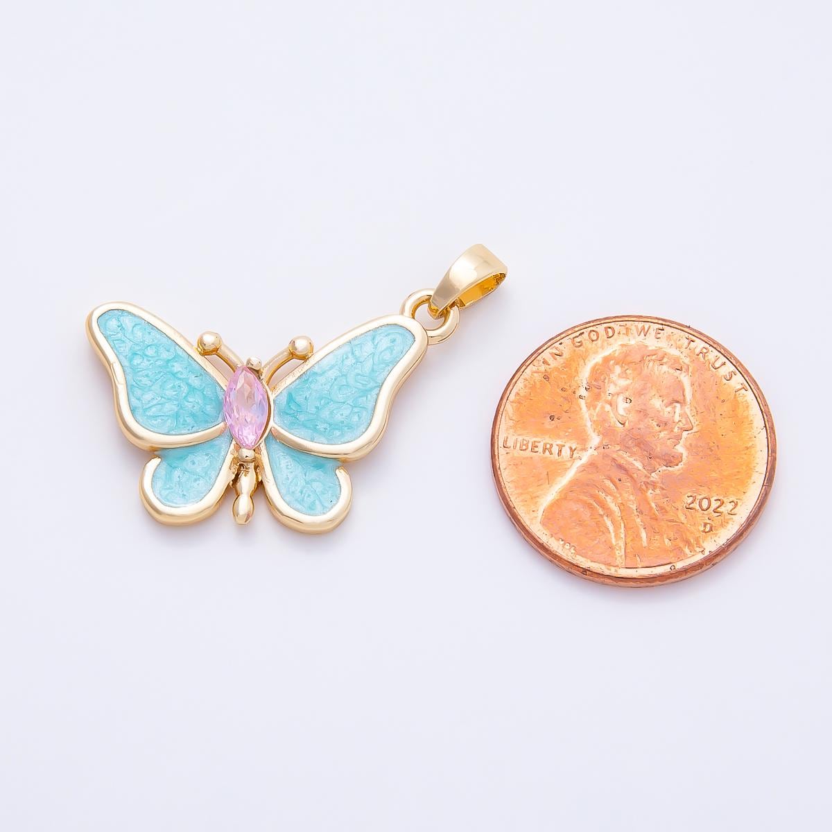 16K Gold Filled 17.5mm White, Blue Glitter Enamel Marquise CZ Butterfly Pendant DIY Jewelry Making Findings custom Necklace | Charms-01259