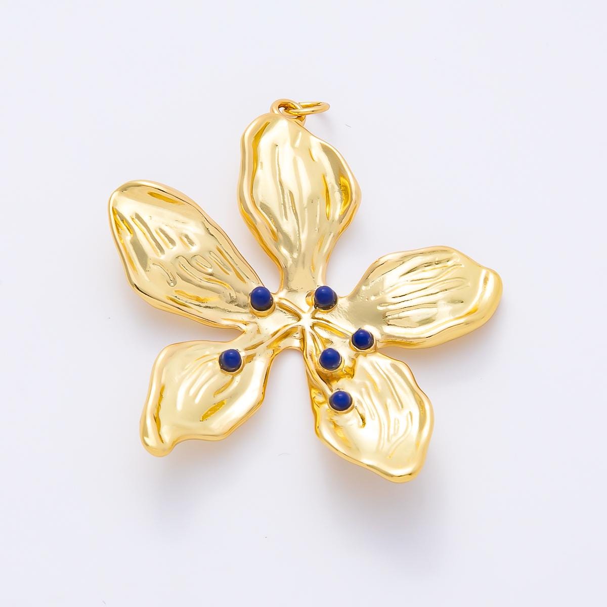 16K Gold Filled 45mm Blue Agate Dotted Foil Flower Charm Petal Enamel Bead Statement Floral Pendant for DIY Jewelry Making | Charms-01262