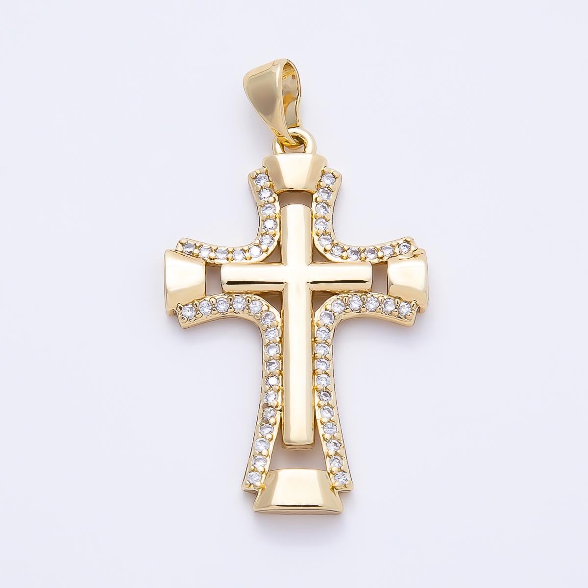 14K Gold Filled 33mm Micro Paved CZ Double Open Flared Cross Pendant Religious Charm for DIY Necklace Jewelry Making Supplies | Charms-01261