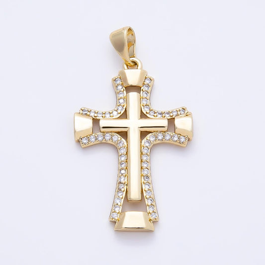 14K Gold Filled 33mm Micro Paved CZ Double Open Flared Cross Pendant Religious Charm for DIY Necklace Jewelry Making Supplies | Charms-01261