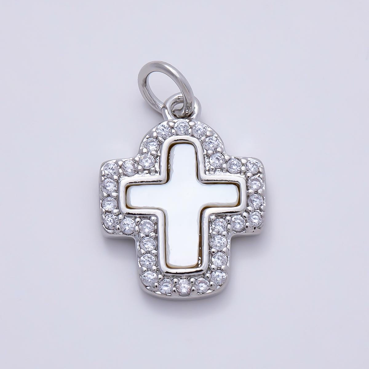 16K Gold Filled 16.5mm Shell Pearl Micro Paved CZ Cross Charm in Gold & Silver Layered Religious Pendant DIY Necklace Jewelry | Charms-01257