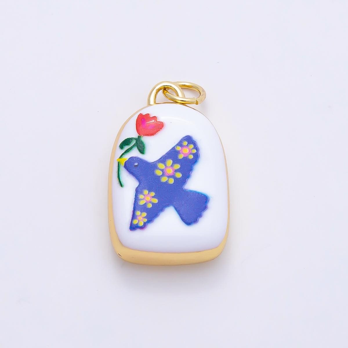 16K Gold Filled 20mm Bird Dove of Peace with Flower Plant Enamel Charm Folk Art Bird Rose Medallion Tablet Charm DIY Jewelry | Charms-01240