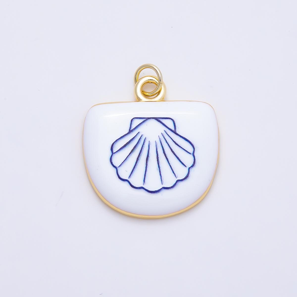 16K Gold Filled 22mm Sea Shell, Scallop, Starfish Blue White Enamel Charm Medallion Tablet Charm for DIY Jewelry Supplies | Charms-01244