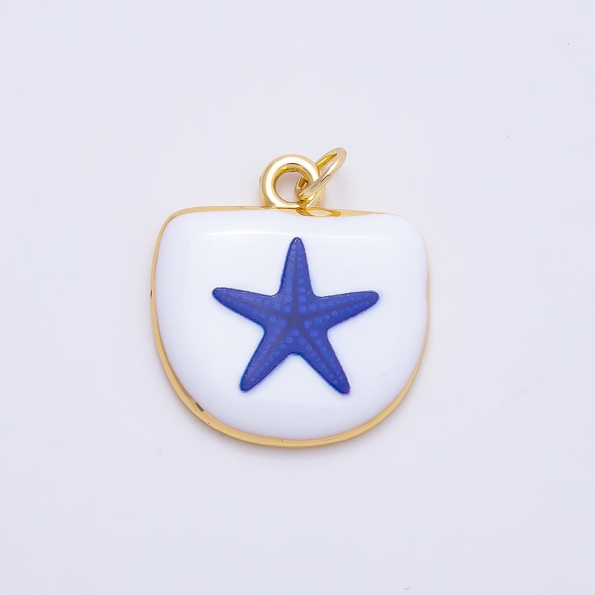 16K Gold Filled 22mm Sea Shell, Scallop, Starfish Blue White Enamel Charm Medallion Tablet Charm for DIY Jewelry Supplies | Charms-01244