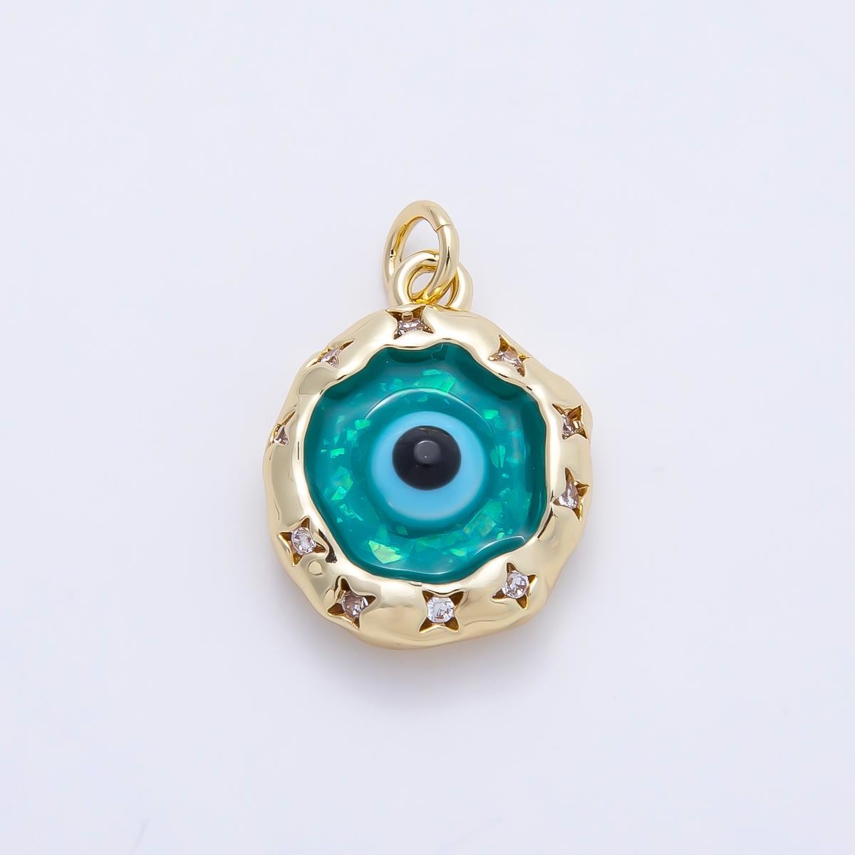 16K Gold Filled 18mm Teal Opal Clear CZ Star Dotted Molten Bezel Evil Eye Round Charm Starburst Protection DIY Supply | Charms-01248