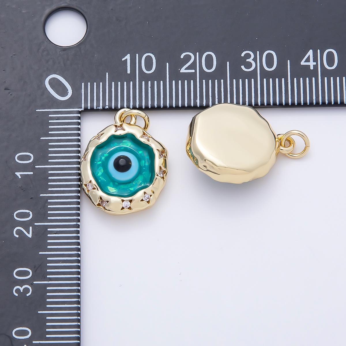 16K Gold Filled 18mm Teal Opal Clear CZ Star Dotted Molten Bezel Evil Eye Round Charm Starburst Protection DIY Supply | Charms-01248