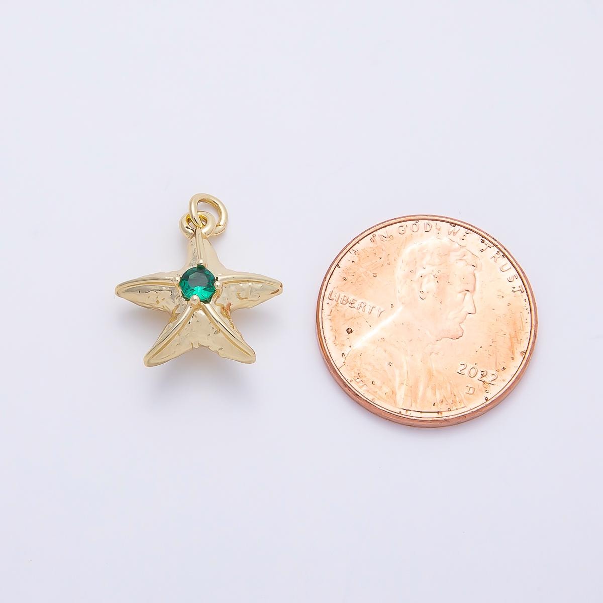 16K Gold Filled 14.5mm Green Teal CZ Textured 3D Multidimensional Starfish Charm Textured Ocean Pendant DIY Summer Jewelry | Charms-01255