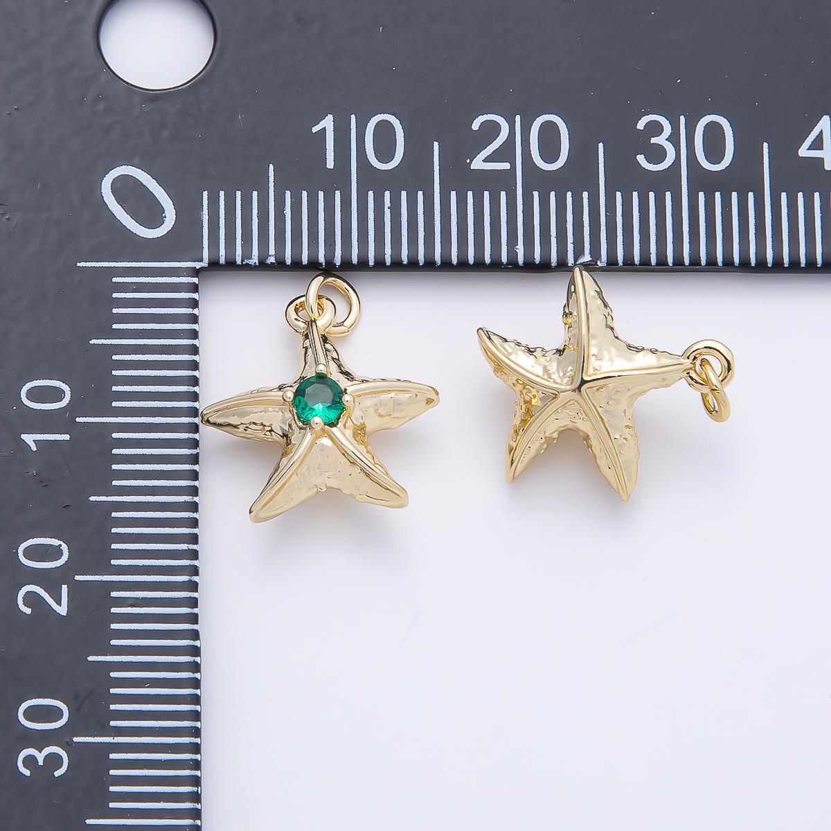 16K Gold Filled 14.5mm Green Teal CZ Textured 3D Multidimensional Starfish Charm Textured Ocean Pendant DIY Summer Jewelry | Charms-01255