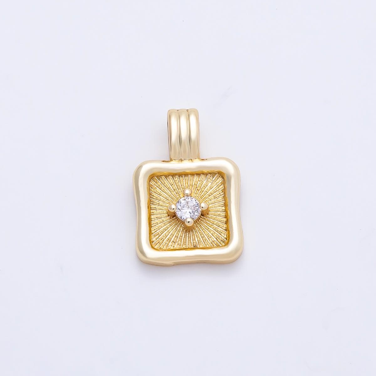 16K Gold Filled 16mm Clear CZ Sunburst Molten Bezel Square Pendant Textured Starburst Tablet Charm DIY Jewelry Making Supply | Charms-01249