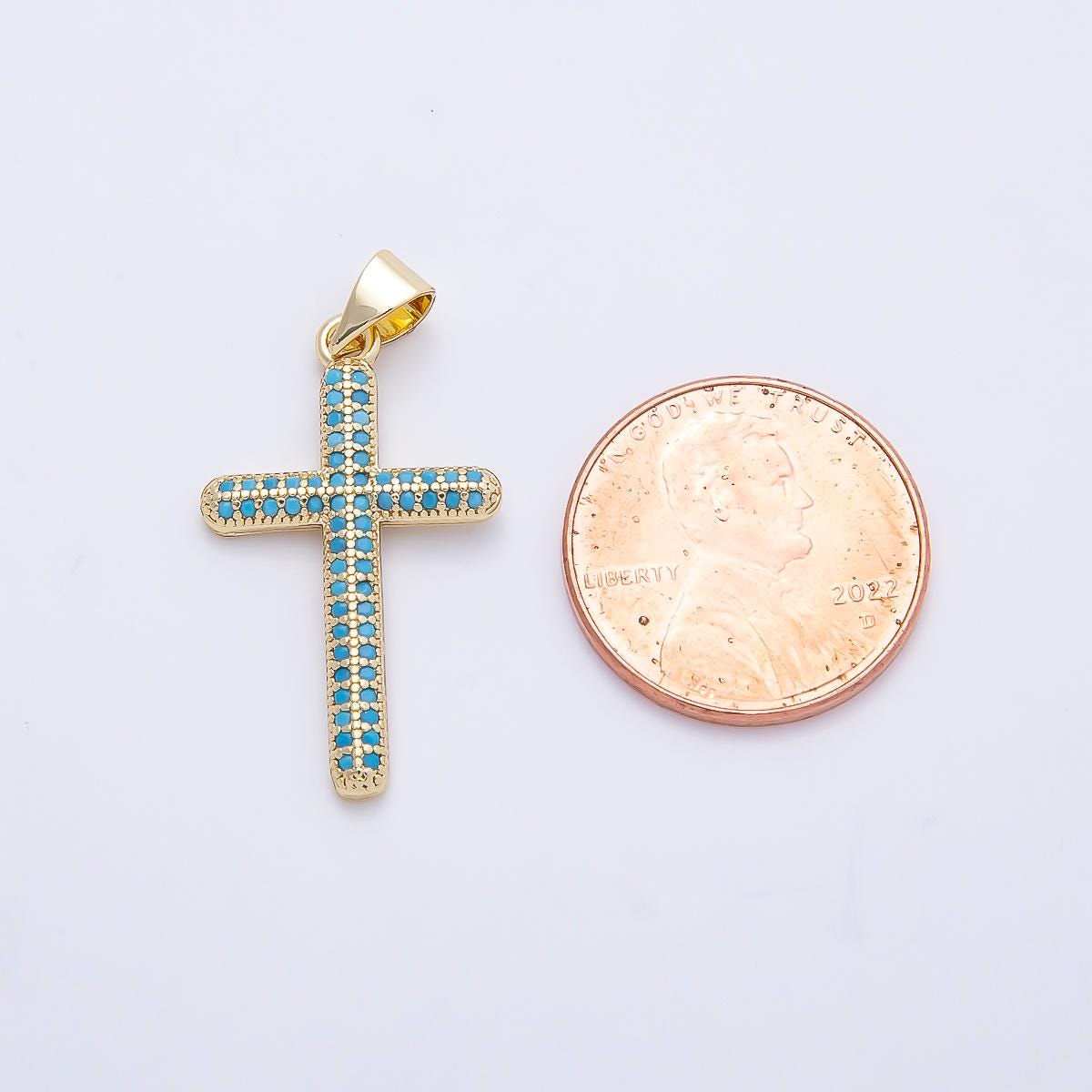 16K Gold Filled 26mm Turquoise Micro Paved Religious Cross Pendant Latin Charm for DIY Layering Necklace Jewelry Supplies | Charms-01251
