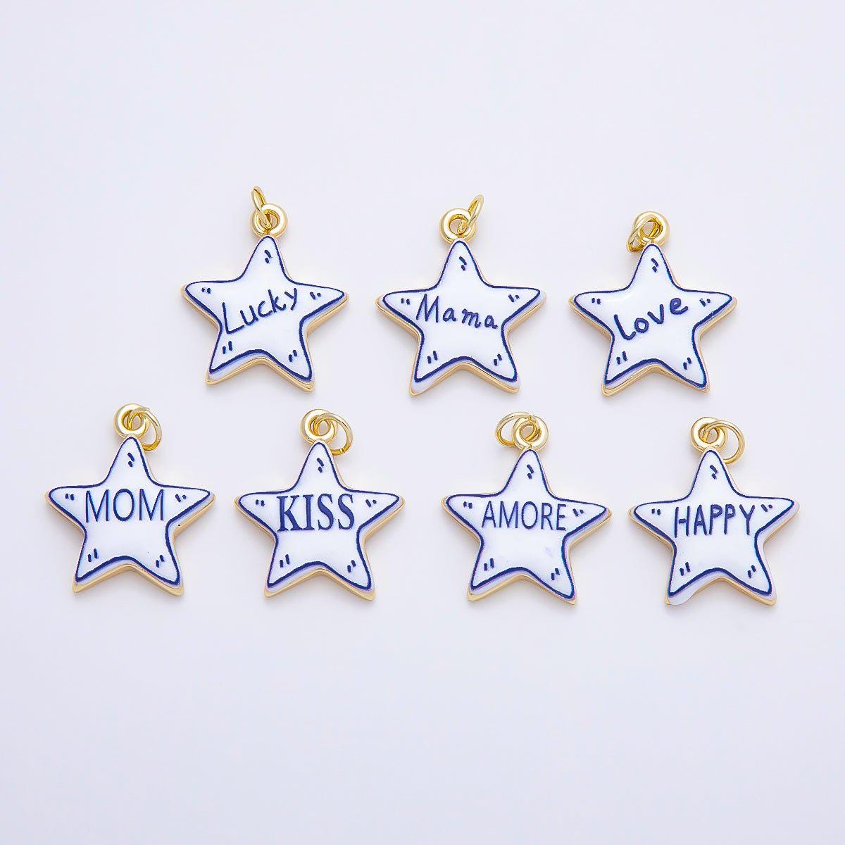 16K Gold Filled 21.5mm Lucky, Amore, Happy, Kiss, Mom, Mama, Love Script Blue White Celestial Star Charm DIY Jewelry Supply | Charms-01229