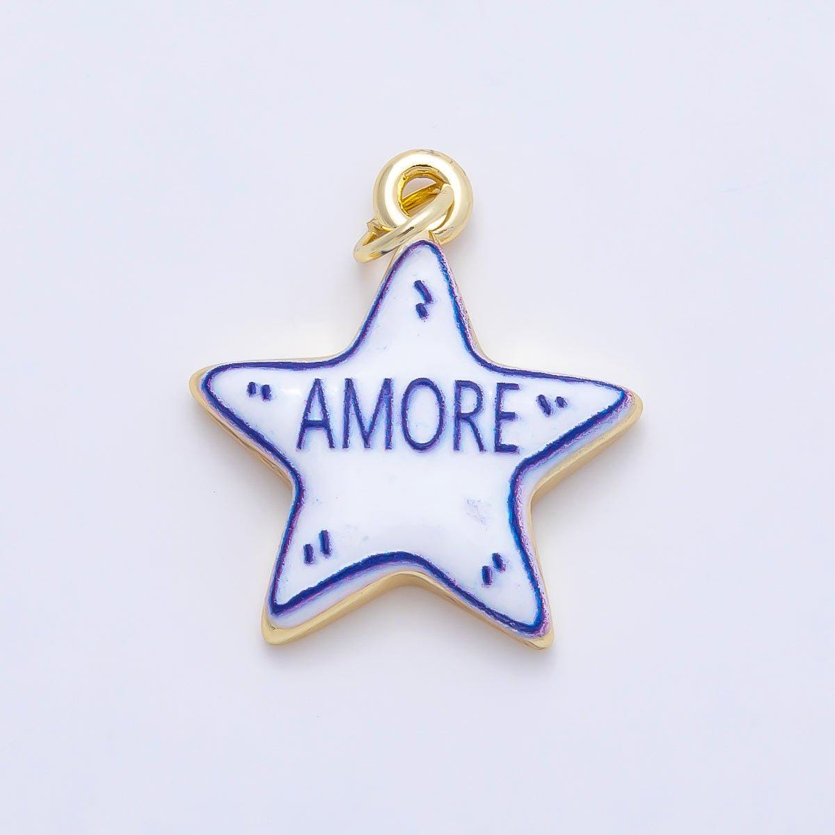 16K Gold Filled 21.5mm Lucky, Amore, Happy, Kiss, Mom, Mama, Love Script Blue White Celestial Star Charm DIY Jewelry Supply | Charms-01229