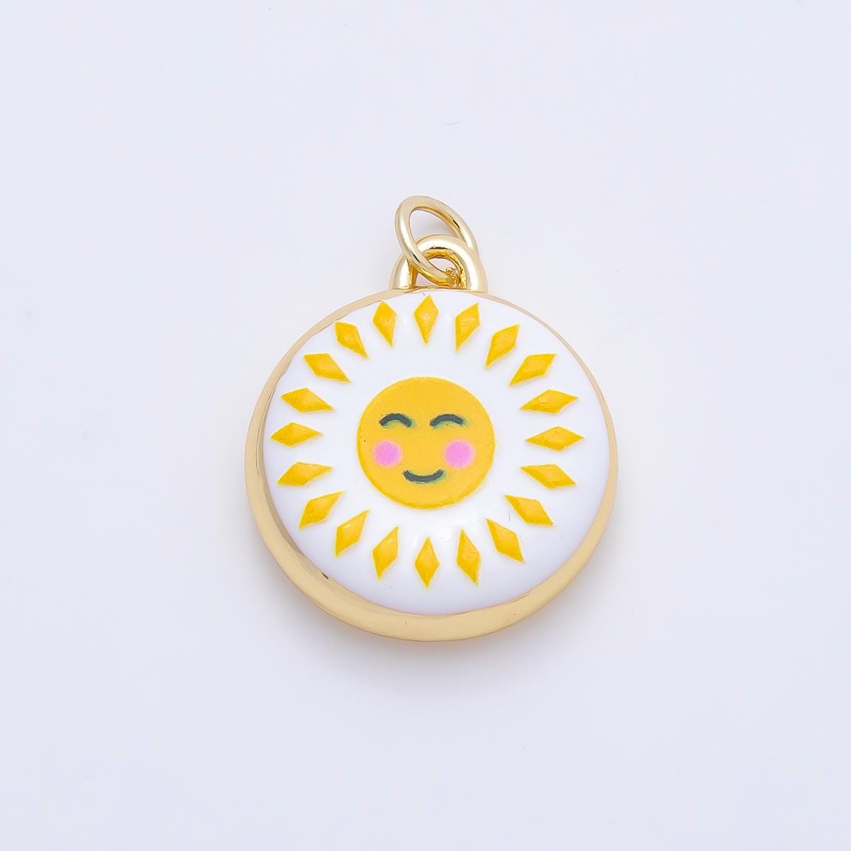 16K Gold Filled 20mm Happy Smiley Face Celestial Sun Enamel Round Charm Sunburst Coin Pendant for DIY Jewelry Making Supplies | Charms-01242