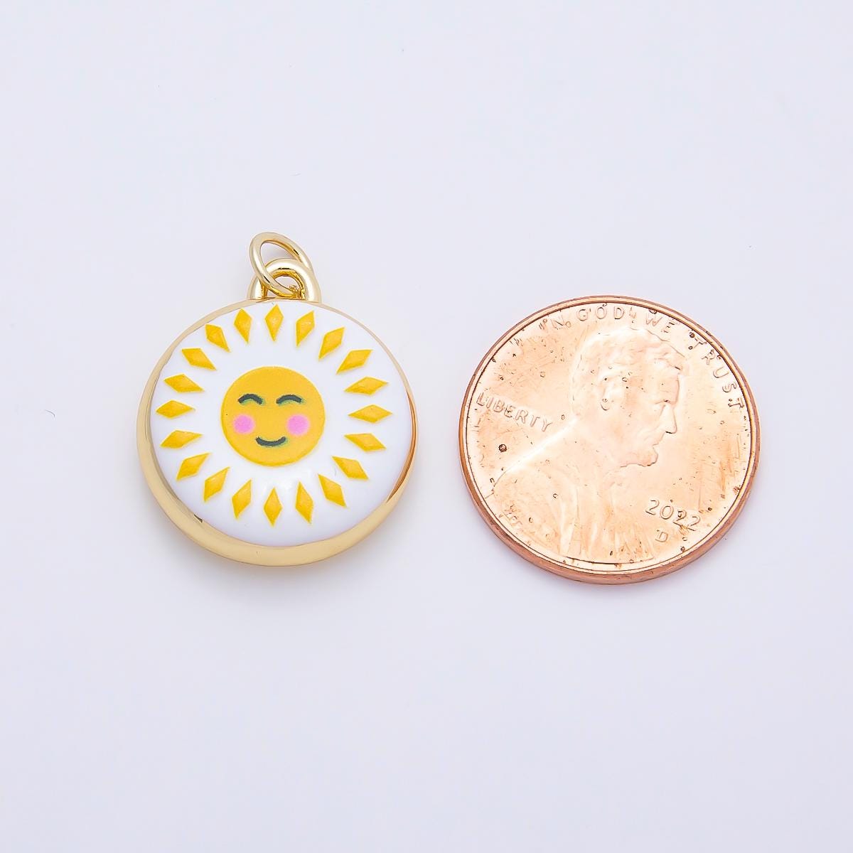 16K Gold Filled 20mm Happy Smiley Face Celestial Sun Enamel Round Charm Sunburst Coin Pendant for DIY Jewelry Making Supplies | Charms-01242