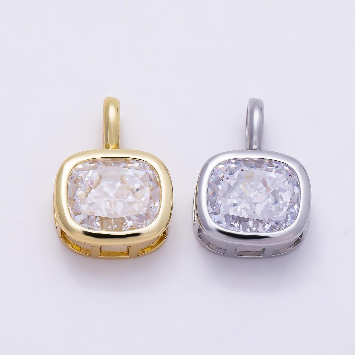 16K Gold Filled 19.5mm Baguette CZ Rounded Bezel Solitaire Pendant in Gold/Silver Square Cushion Cut Diamond Necklace Supply | Charms-01270