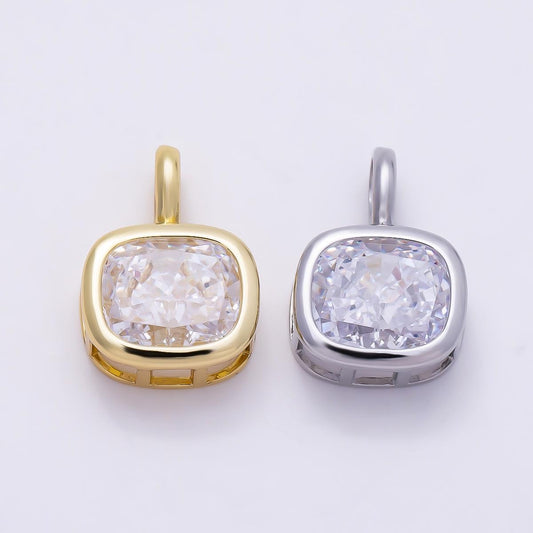 16K Gold Filled 19.5mm Baguette CZ Rounded Bezel Solitaire Pendant in Gold/Silver Square Cushion Cut Diamond Necklace Supply | Charms-01270