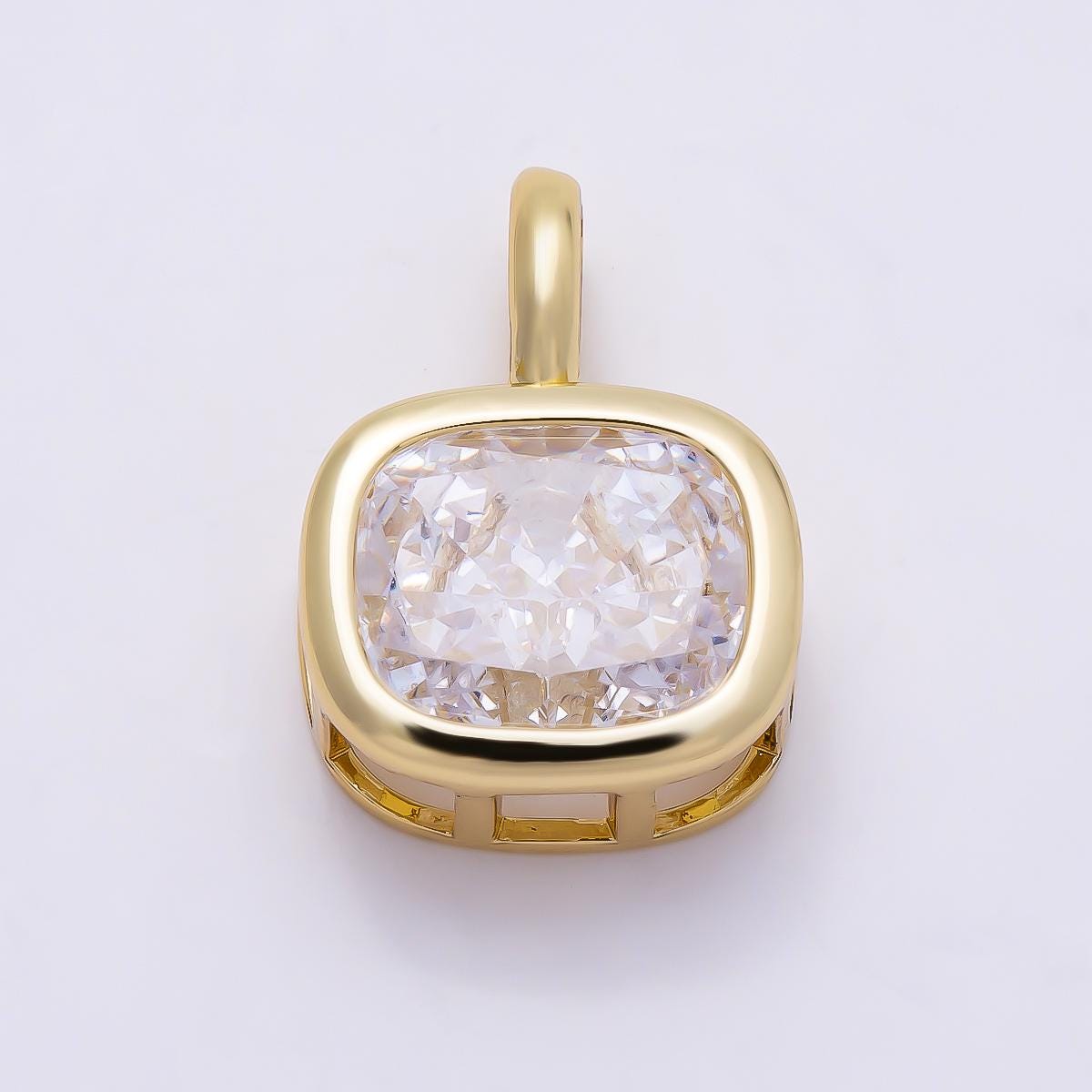 16K Gold Filled 19.5mm Baguette CZ Rounded Bezel Solitaire Pendant in Gold/Silver Square Cushion Cut Diamond Necklace Supply | Charms-01270
