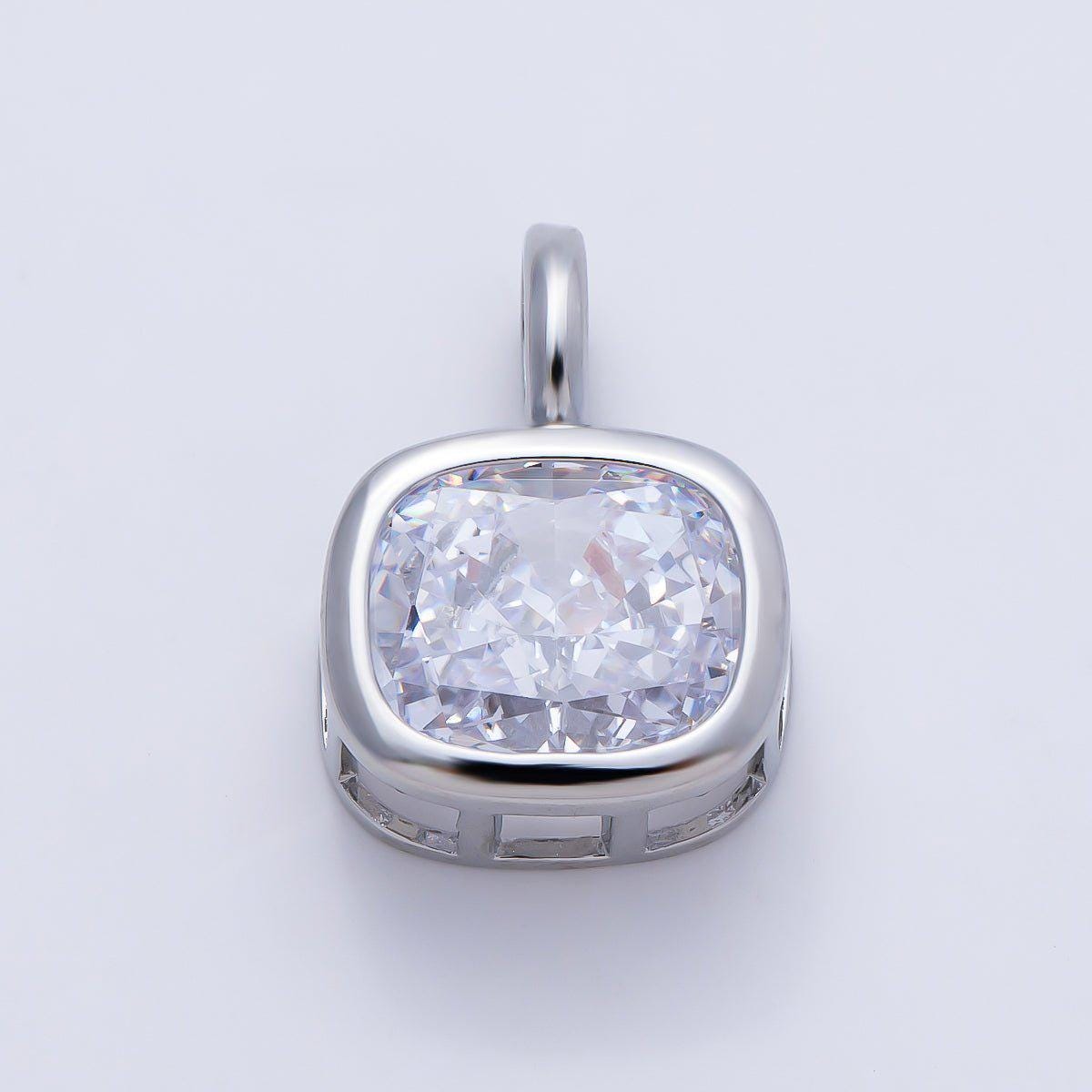 16K Gold Filled 19.5mm Baguette CZ Rounded Bezel Solitaire Pendant in Gold/Silver Square Cushion Cut Diamond Necklace Supply | Charms-01270