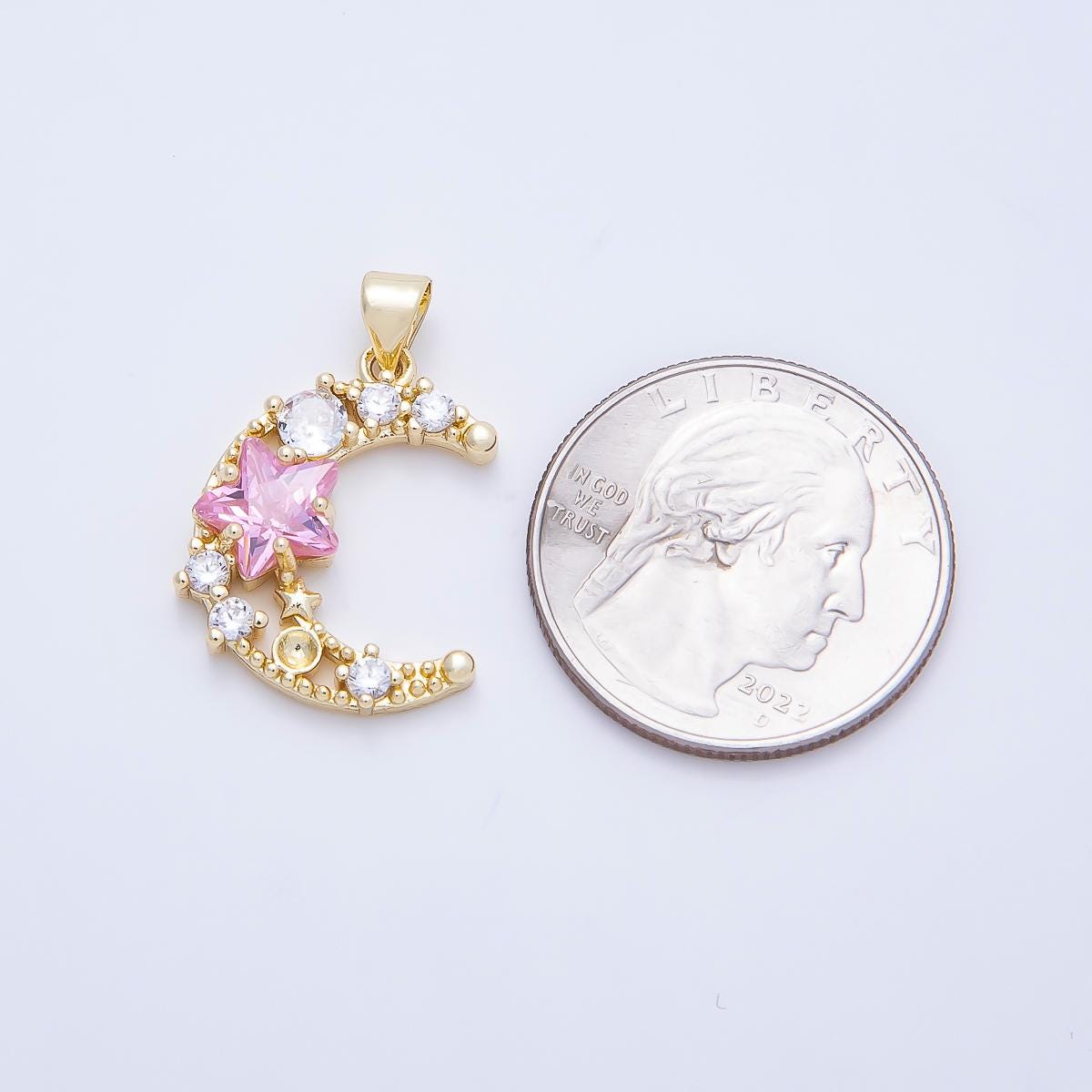 16K Gold Filled 22.5mm Pink Clear CZ Cluster Star Crescent Moon Pendant Starburst Celestial Charm for DIY Layering Necklace | Charms-01250