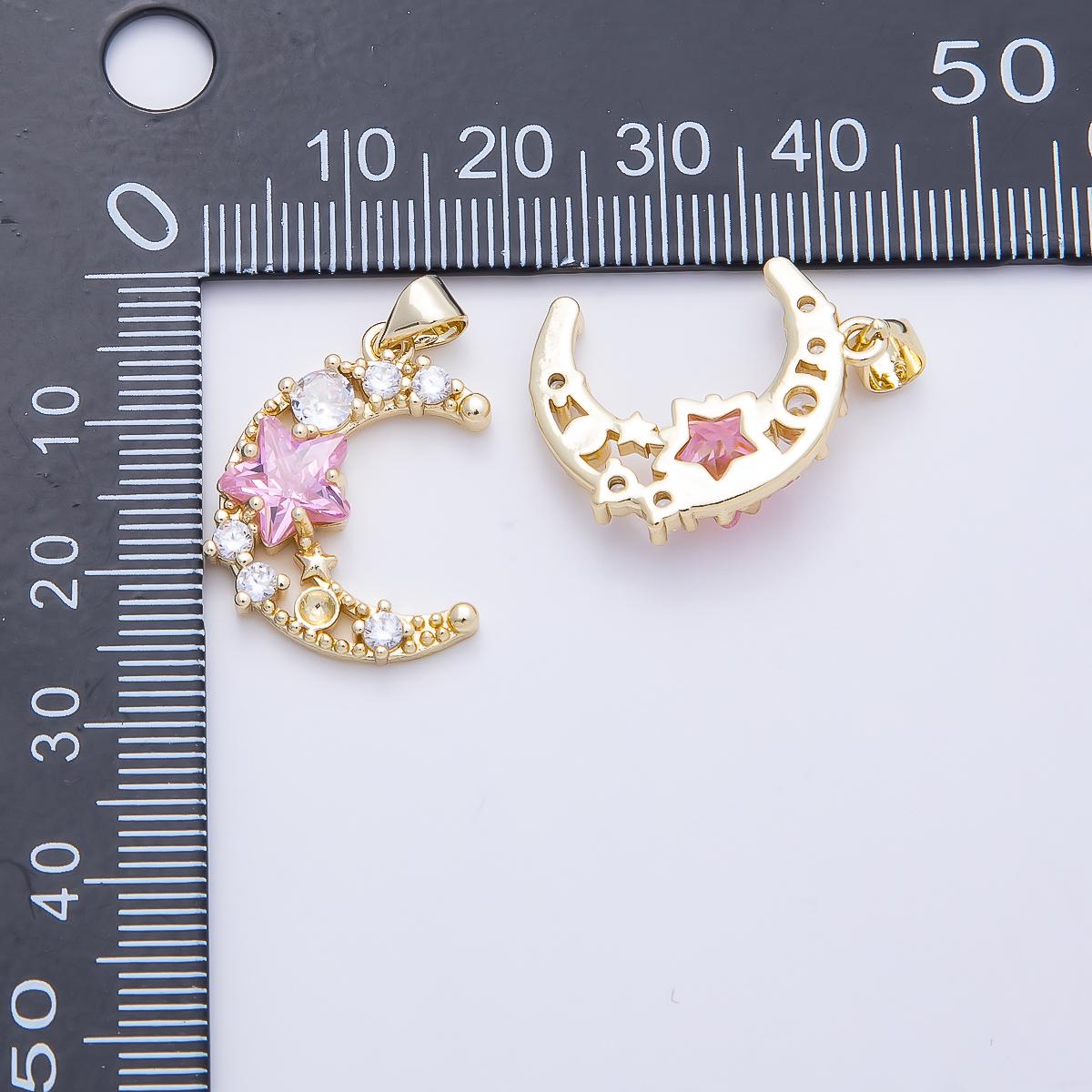 16K Gold Filled 22.5mm Pink Clear CZ Cluster Star Crescent Moon Pendant Starburst Celestial Charm for DIY Layering Necklace | Charms-01250