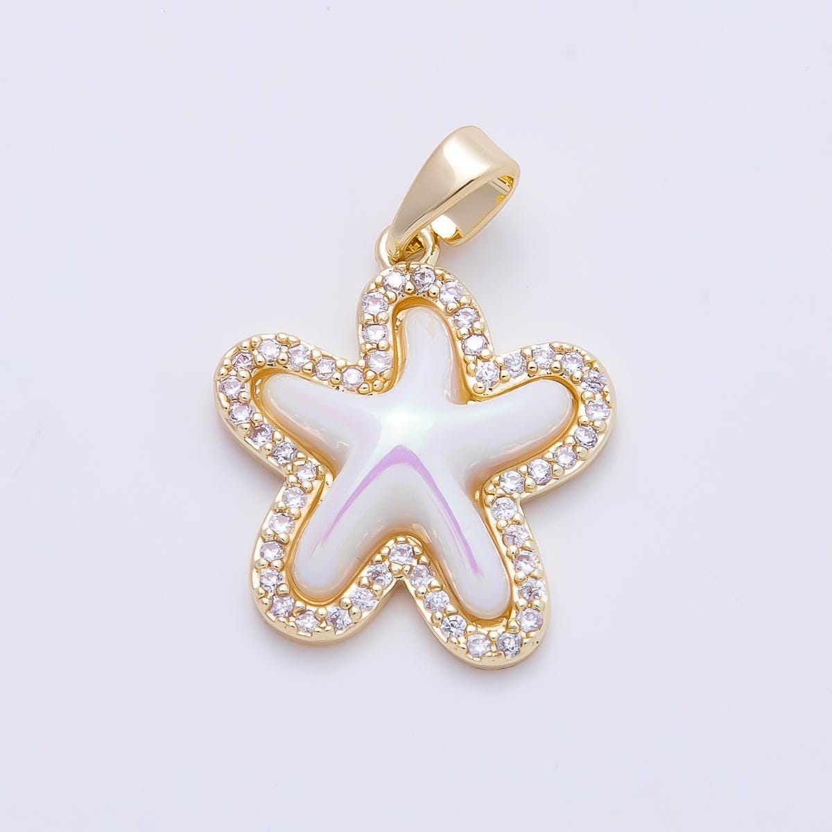 16K Gold Filled 20mm White Micro Paved CZ Celestial Starfish Charm in Gold & Silver Layered Sea Life Charm for DIY Beach | Charms-01205
