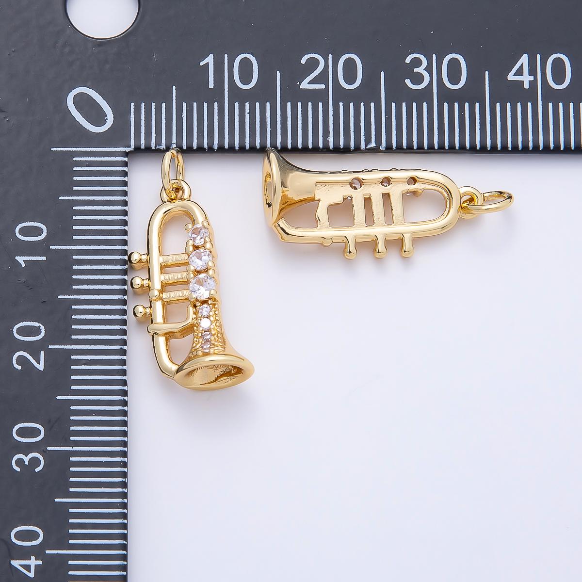 16K Gold Filled 20mm Micro Paved CZ Trumpet Musical Instrument Charm for DIY Jazz Band Horn Necklace Jewelry Supplies | Charms-01202
