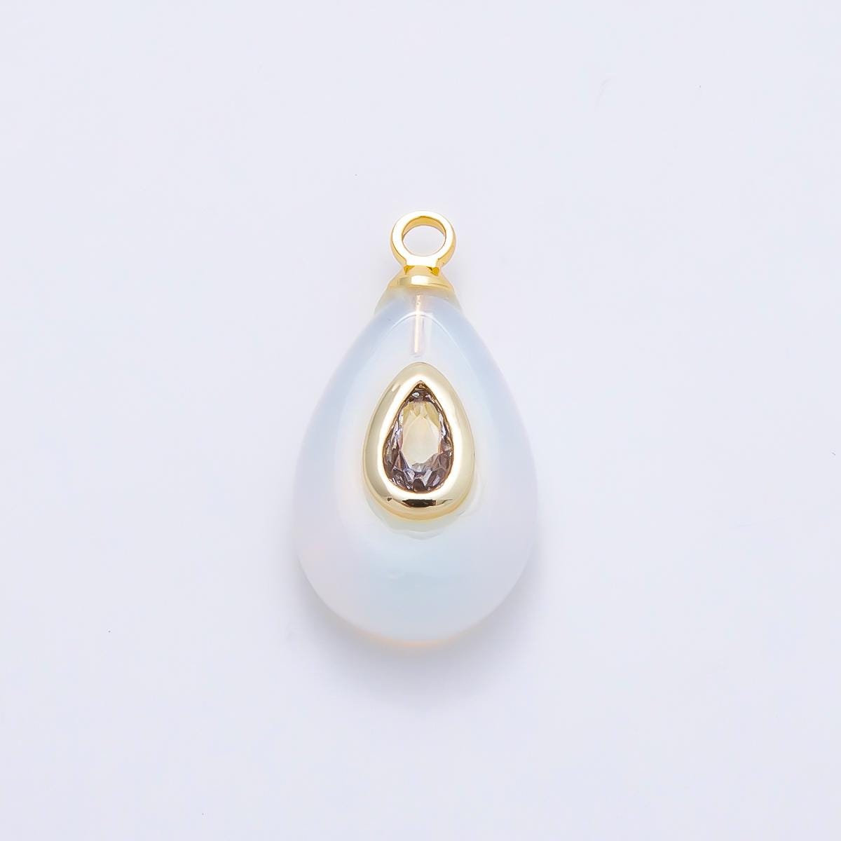 16K Gold Filled 18mm Clear CZ Embedded White Opal Gemstone Teardrop Charm Pear Shaped Pendant for DIY Necklace Jewelry | Charms-01203