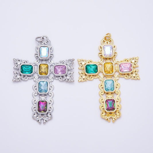 16K Gold Filled 70mm Multicolor Baguette Artisan Cross Charm in Gold & Silver Baroque Crucifix Christian Pendant DIY Supply | Charms-01199
