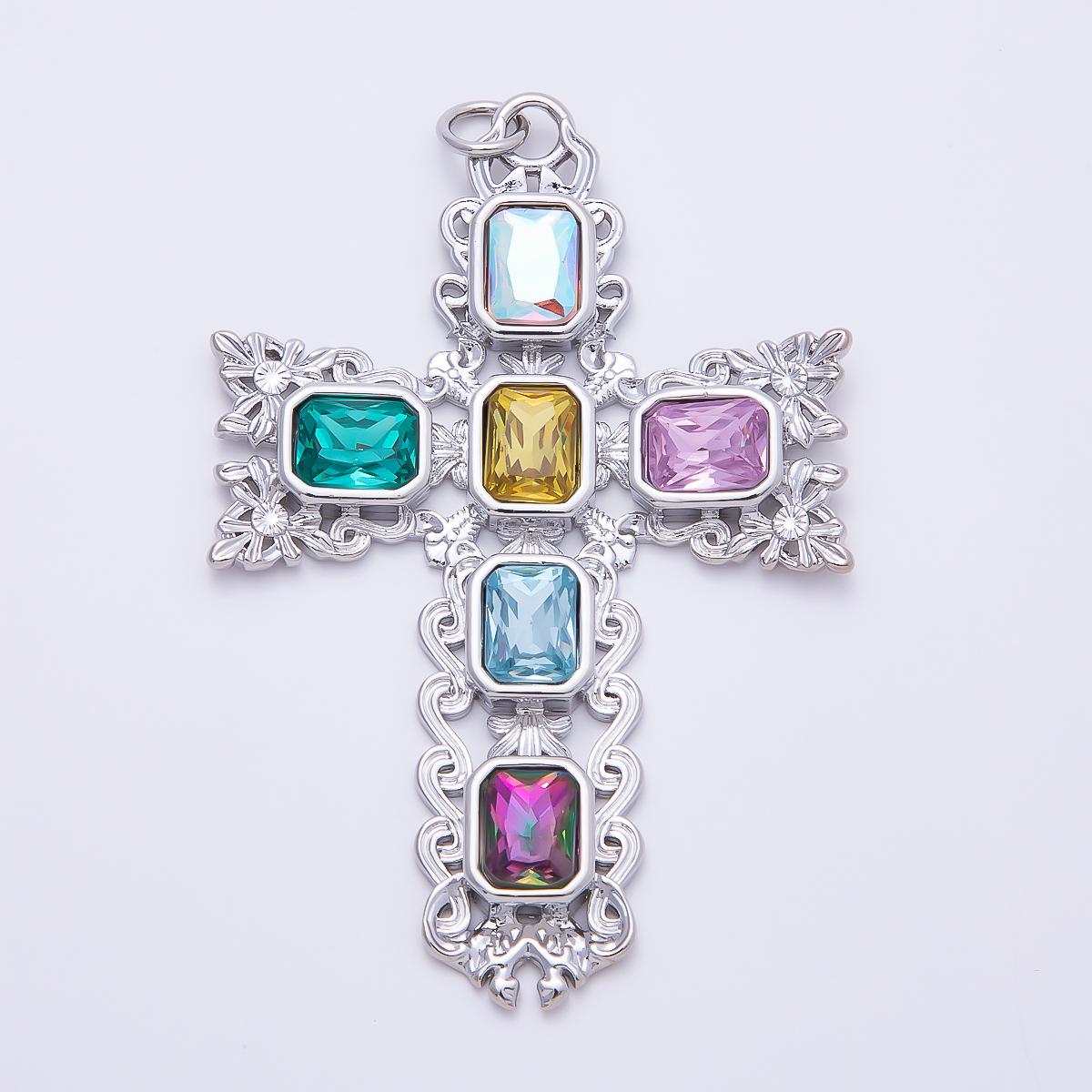 16K Gold Filled 70mm Multicolor Baguette Artisan Cross Charm in Gold & Silver Baroque Crucifix Christian Pendant DIY Supply | Charms-01199
