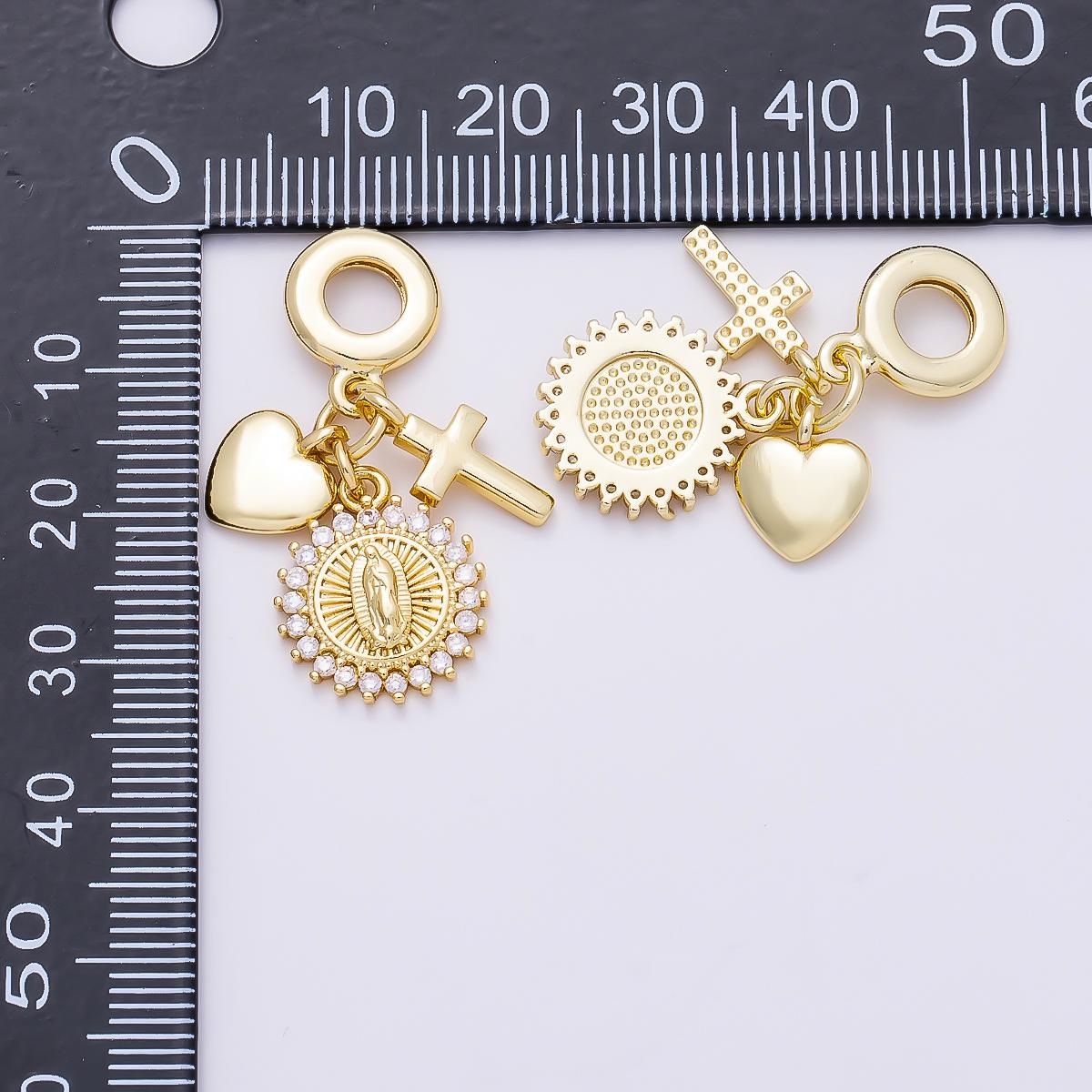 16K Gold Filled 33mm Religious Cross Heart Mother Mary CZ Round Drop Rondelle Pendant Jewelry Making Supply for Bracelet | Charms-01158