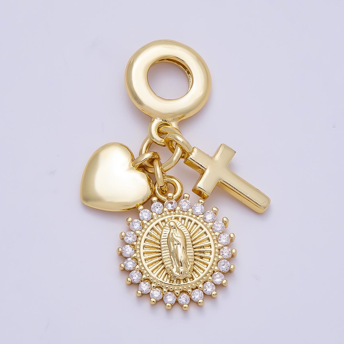 16K Gold Filled 33mm Religious Cross Heart Mother Mary CZ Round Drop Rondelle Pendant Jewelry Making Supply for Bracelet | Charms-01158