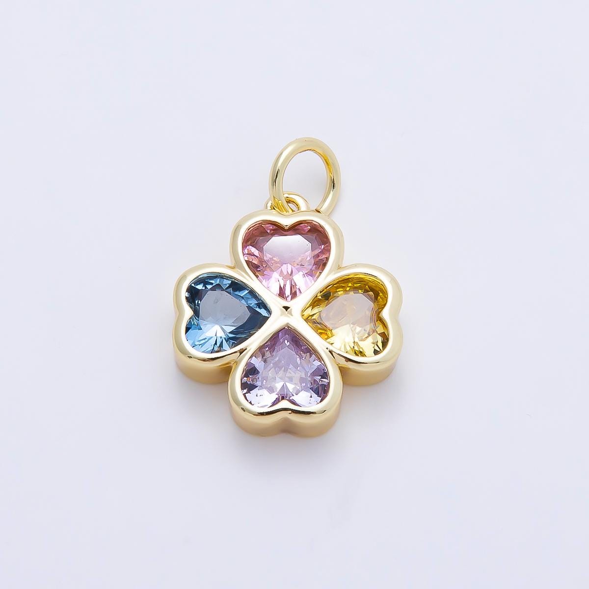 16K Gold Filled 17mm Multicolor, Clear CZ Clover Flower Charm Rainbow Crystal Four Leaf Lucky Pendant DIY Jewelry Supply | Charms-01196