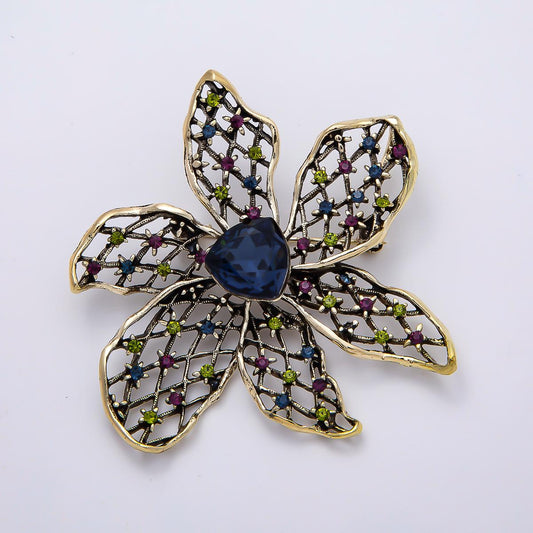 Vintage Gold 60mm Blue Rhinestone Filigree Flower Pin Brooch Large Crystal Openwork Coat Bags Scarves Elegant Jewelry Accessory | BH-00152