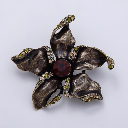 Vintage Gold 45mm Multicolor Rhinestone Foil Flower Pin Brooch Fashion Accessory for Coats Bags Scarves Statement Piece | BH-00156
