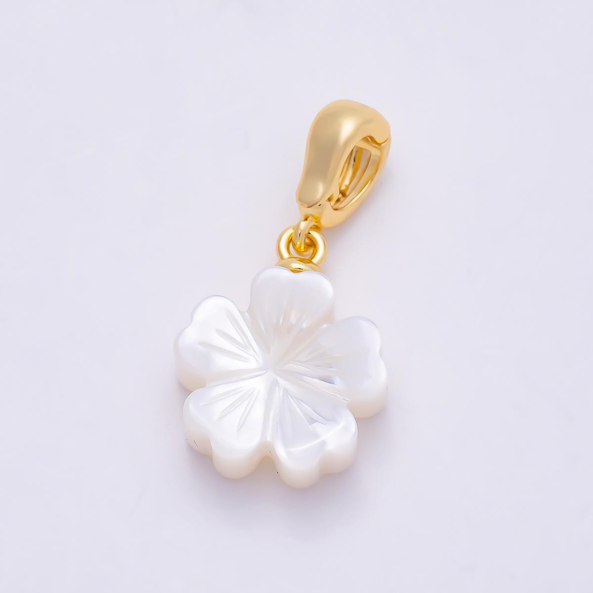 18K Gold Filled 17mm Shell Pearl Flower Snap Latch Pendant Carved White Clover Cherry Blossom Charm Latched Hinged Bail | Charms-01322