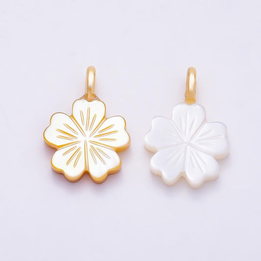 18K Gold Filled 17mm Shell Pearl Flower Snap Latch Pendant Carved White Clover Cherry Blossom Charm Latched Hinged Bail | Charms-01322