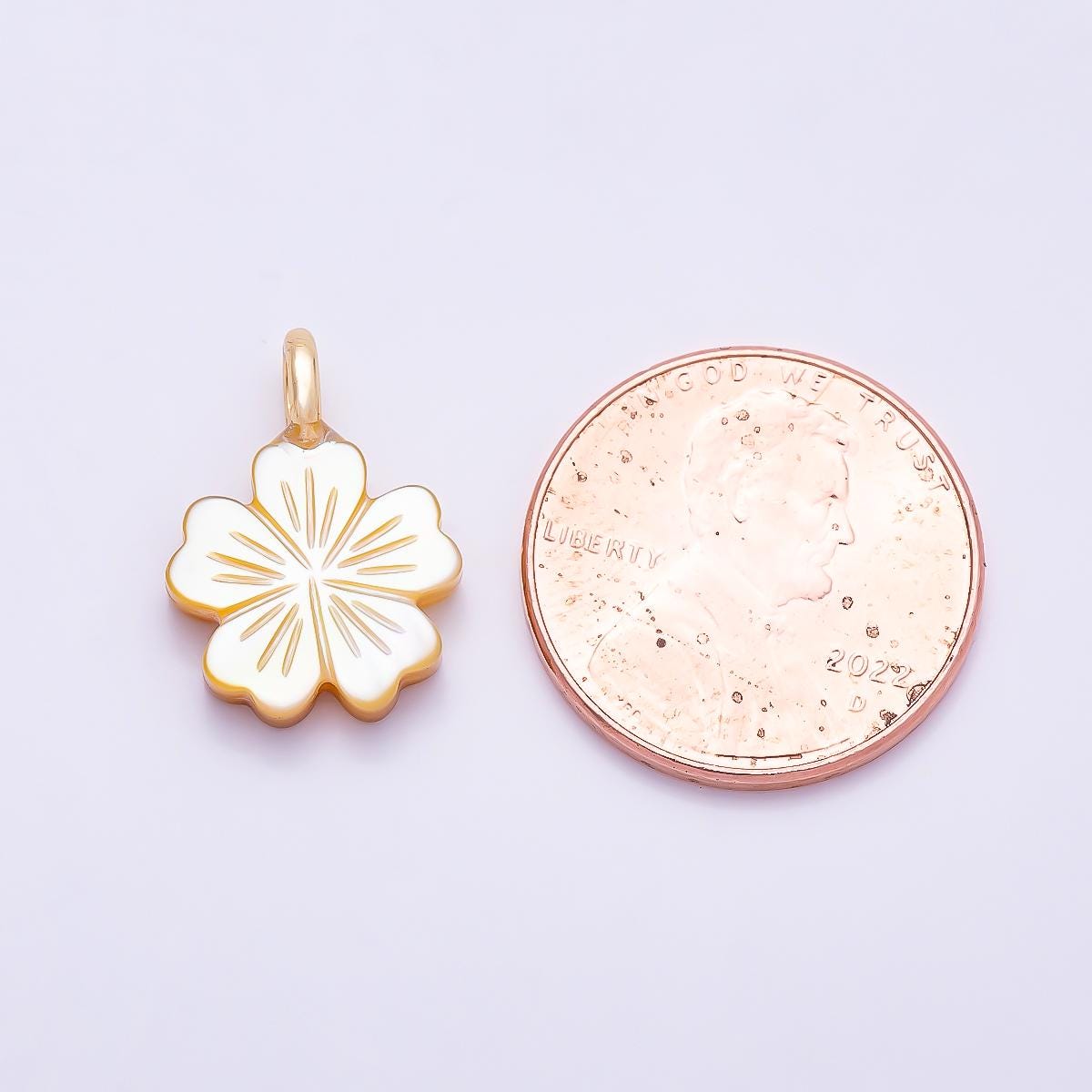 18K Gold Filled 17mm Shell Pearl Flower Snap Latch Pendant Carved White Clover Cherry Blossom Charm Latched Hinged Bail | Charms-01322