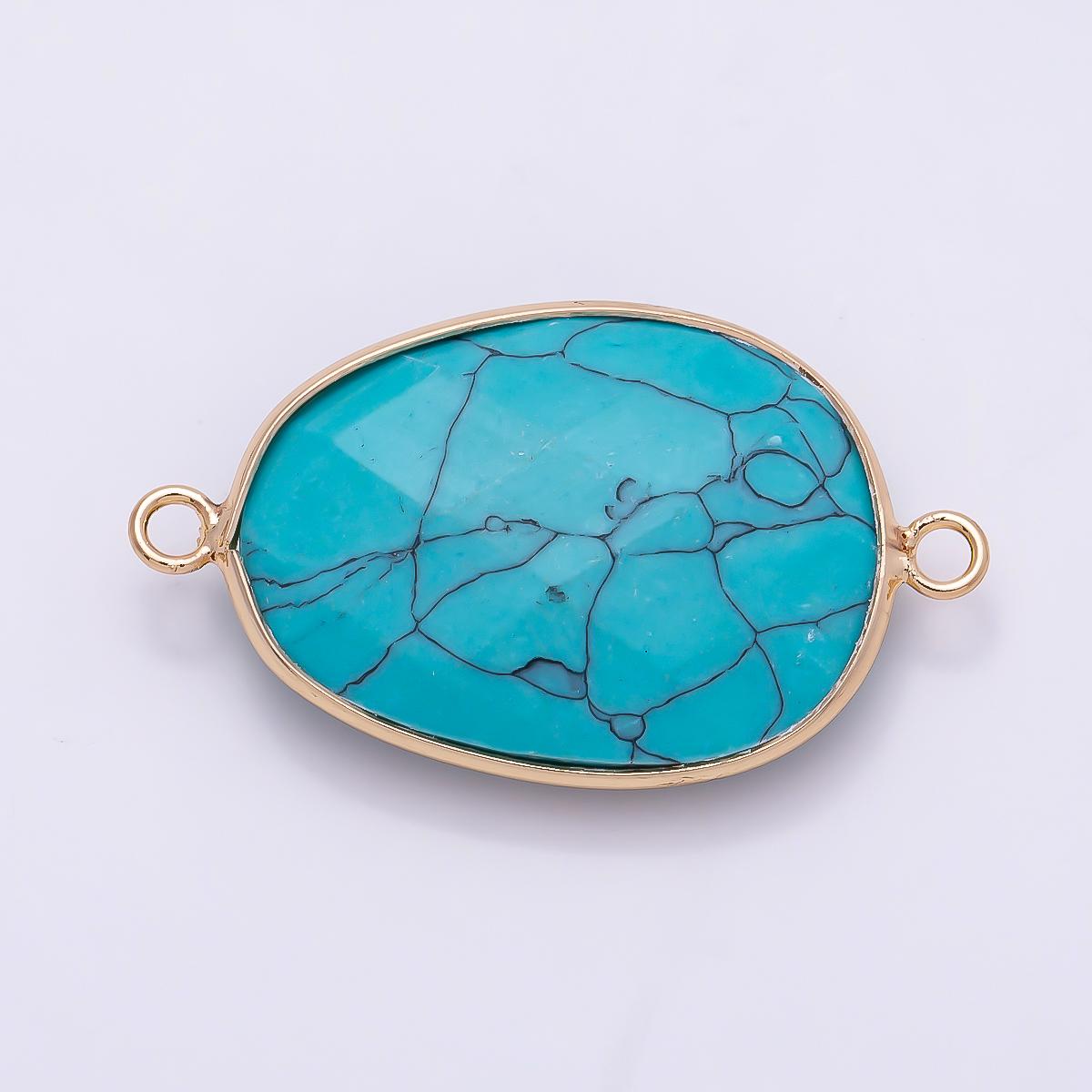 18K Gold Filled 23mm Blue Turquoise Multifaceted Bezel Connector Faceted Oval Gemstone Double Loop Charm Western Boho | Connectors-00032