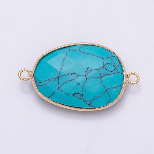 18K Gold Filled 23mm Blue Turquoise Multifaceted Bezel Connector Faceted Oval Gemstone Double Loop Charm Western Boho | Connectors-00032