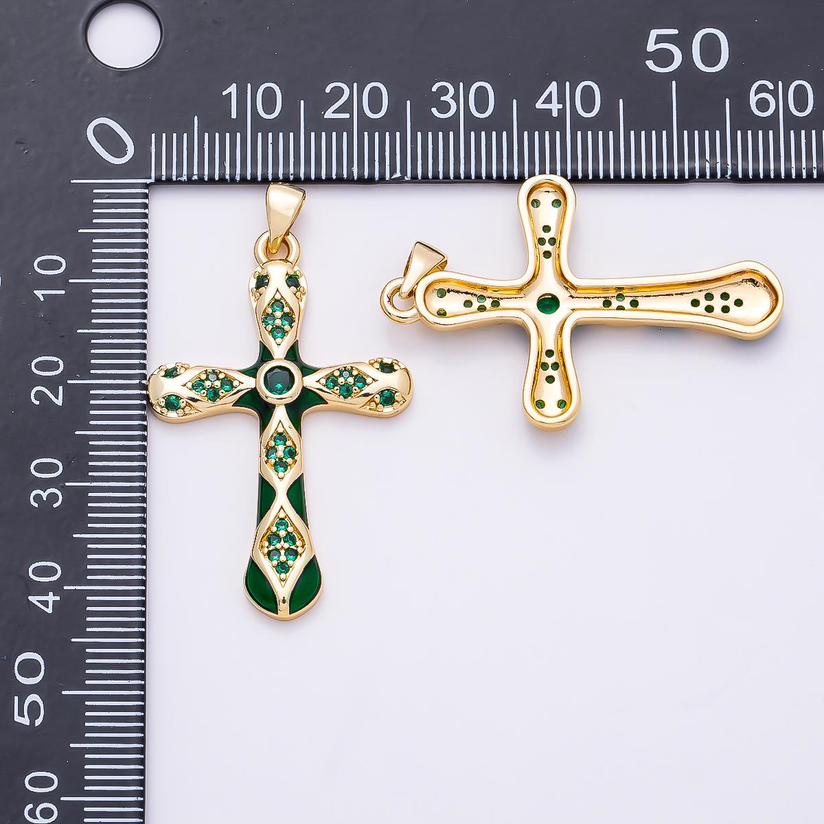 16K Gold Filled 37mm White, Green, Red Enamel Micro Paved CZ Geometric Cross Pendant Holy Religious Necklace Jewelry Supply | Charms-01316
