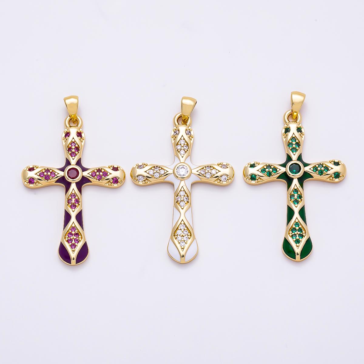 16K Gold Filled 37mm White, Green, Red Enamel Micro Paved CZ Geometric Cross Pendant Holy Religious Necklace Jewelry Supply | Charms-01316
