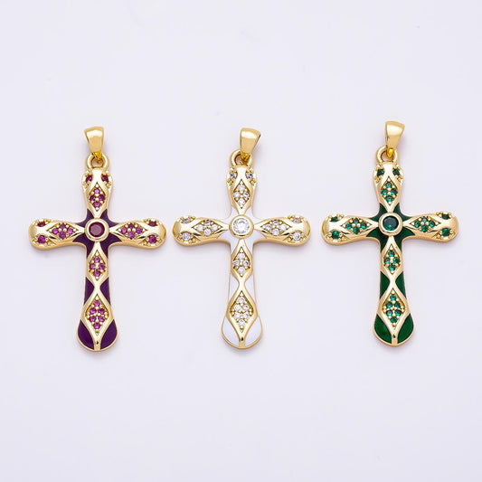 16K Gold Filled 37mm White, Green, Red Enamel Micro Paved CZ Geometric Cross Pendant Holy Religious Necklace Jewelry Supply | Charms-01316