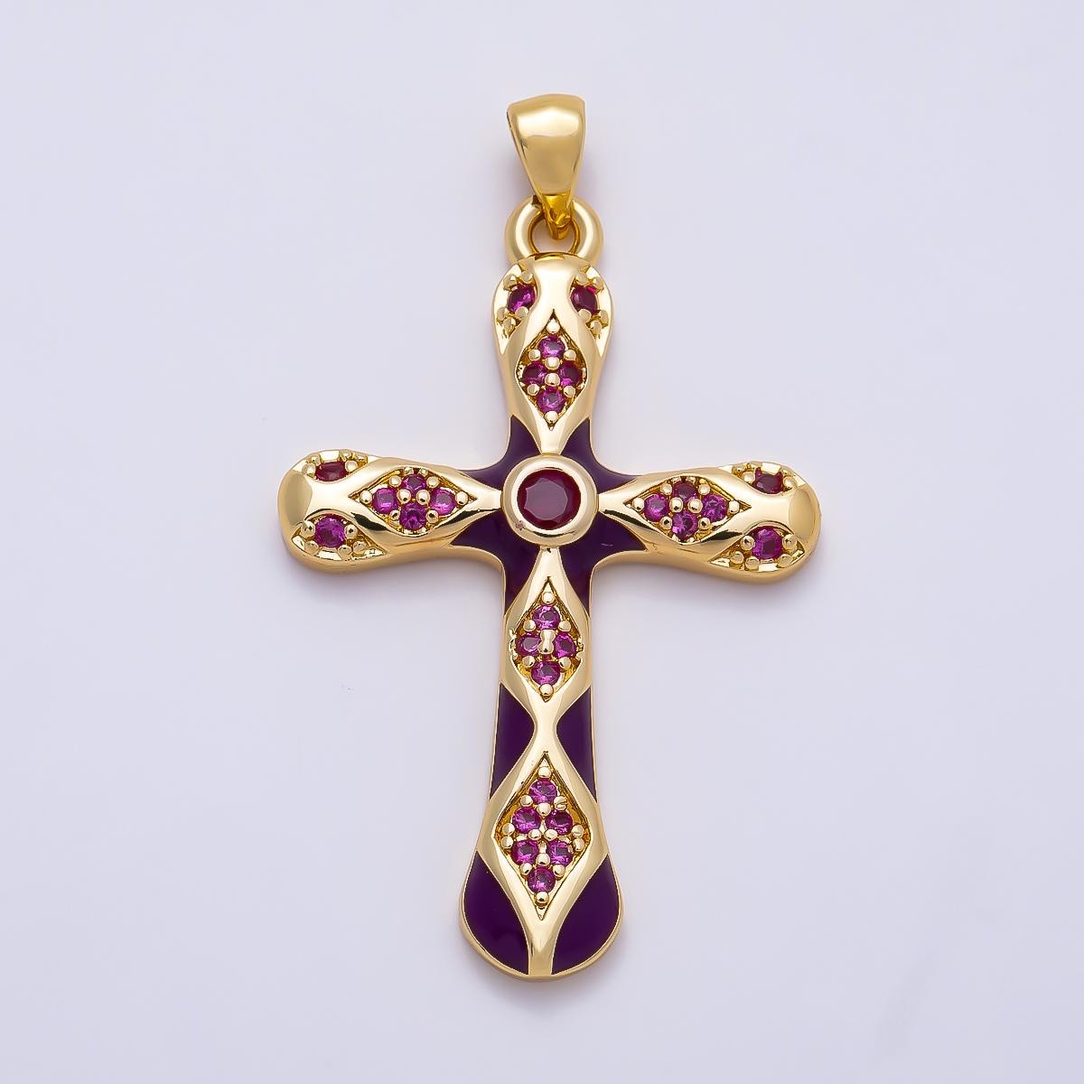 16K Gold Filled 37mm White, Green, Red Enamel Micro Paved CZ Geometric Cross Pendant Holy Religious Necklace Jewelry Supply | Charms-01316