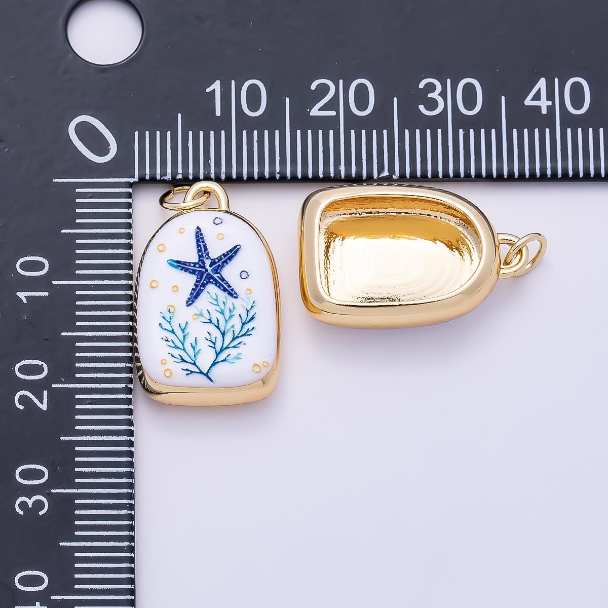 16k Gold Filled 21mm Ceramic Style Blue & White Enamel Nautical Marine Charms Turtle Seahorse Starfish Pendant Jewelry Supply | CHARMS-01280