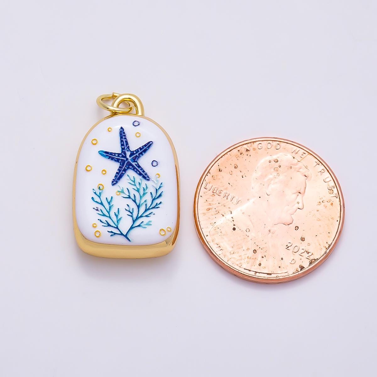 16k Gold Filled 21mm Ceramic Style Blue & White Enamel Nautical Marine Charms Turtle Seahorse Starfish Pendant Jewelry Supply | CHARMS-01280