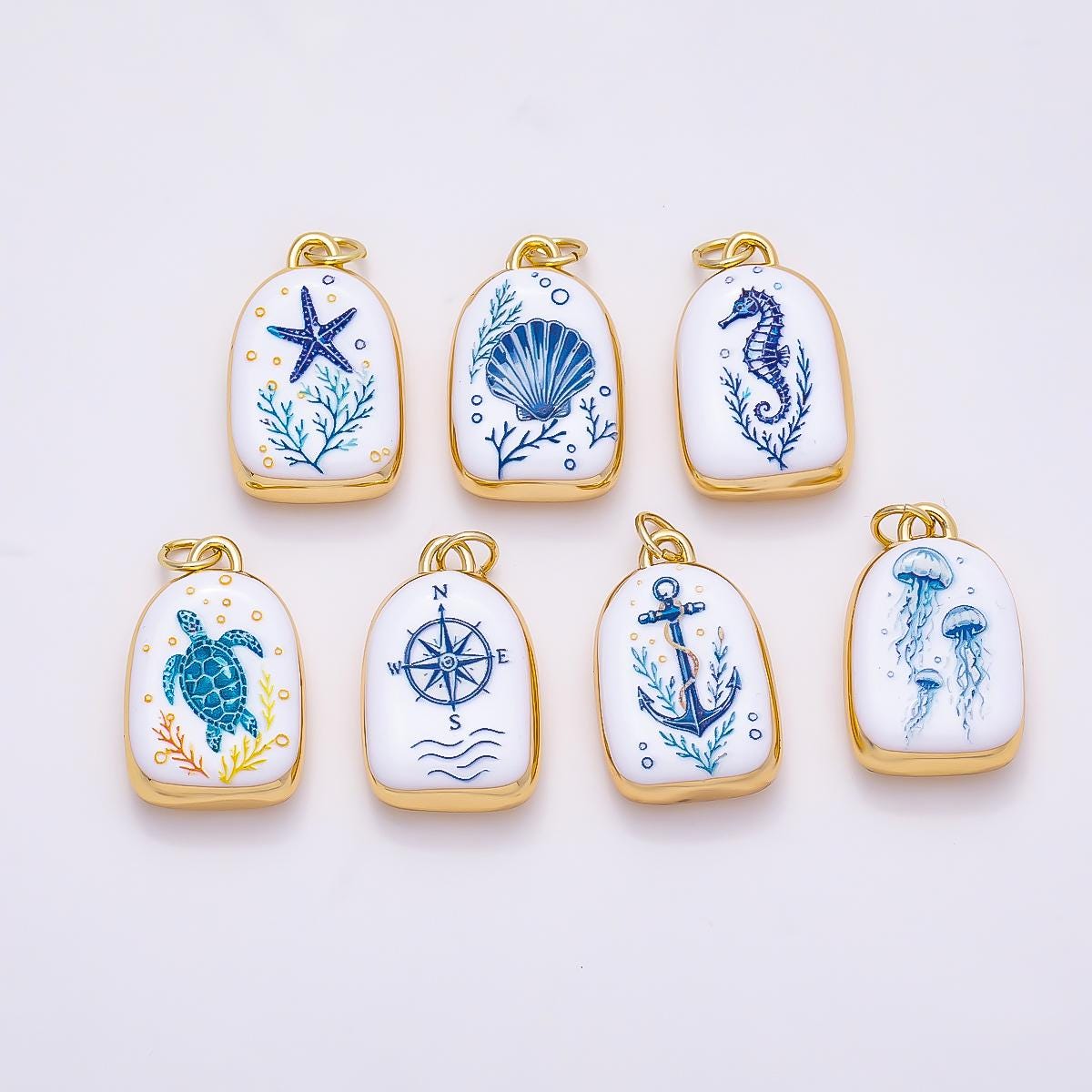 16k Gold Filled 21mm Ceramic Style Blue & White Enamel Nautical Marine Charms Turtle Seahorse Starfish Pendant Jewelry Supply | CHARMS-01280