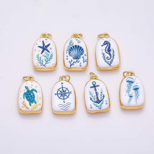 16k Gold Filled 21mm Ceramic Style Blue & White Enamel Nautical Marine Charms Turtle Seahorse Starfish Pendant Jewelry Supply | CHARMS-01280