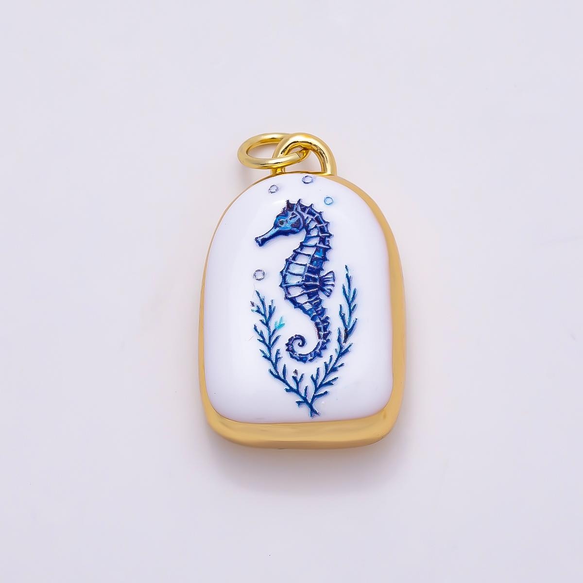 16k Gold Filled 21mm Ceramic Style Blue & White Enamel Nautical Marine Charms Turtle Seahorse Starfish Pendant Jewelry Supply | CHARMS-01280