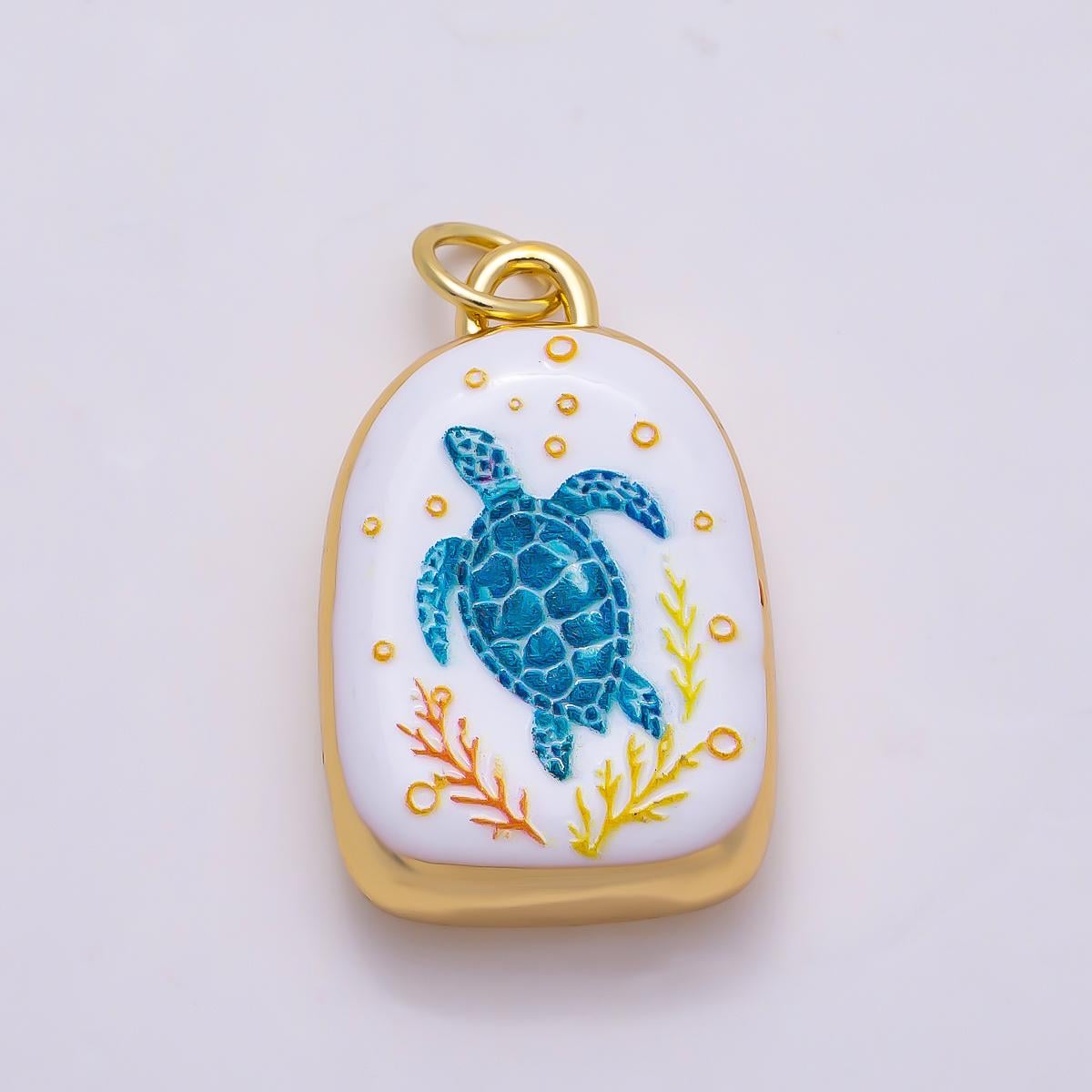 16k Gold Filled 21mm Ceramic Style Blue & White Enamel Nautical Marine Charms Turtle Seahorse Starfish Pendant Jewelry Supply | CHARMS-01280